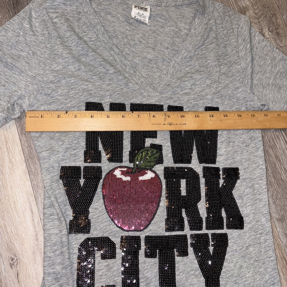 Victoria's Secret Pink New York City Sequin V-Neck Tshirt Gray Medium Rare - Picture 8 of 13